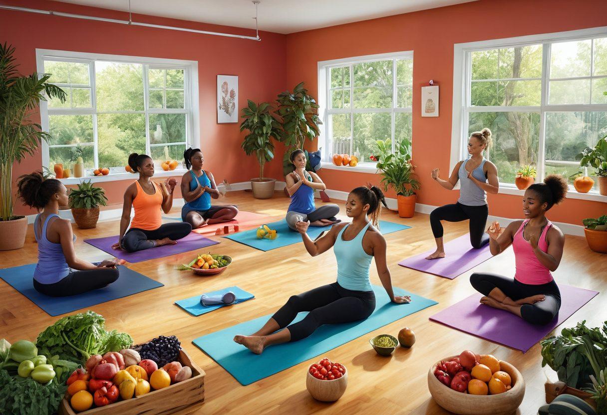 A vibrant and empowering illustration of diverse individuals engaging in various fitness activities, such as lifting weights, practicing yoga, and enjoying healthy meals together. The scene should convey a sense of community and strength, with bright colors symbolizing vitality and wellness. Include elements like fruits, vegetables, and fitness equipment integrated into the background to reflect the theme of nutrition and empowerment. super-realistic. vibrant colors. community-focused.