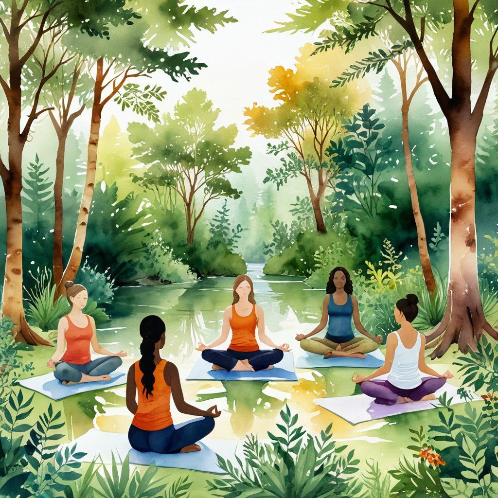 A serene illustration of a diverse group of women engaging in fitness activities like yoga and meditation, surrounded by nature. Incorporate elements of self-care such as herbal teas and essential oils in the scene, symbolizing holistic health. Use warm, inviting colors to evoke a sense of calm and empowerment. Include subtle hints of strength through nature, like sturdy trees and flowing water. vibrant colors. gentle watercolor style.